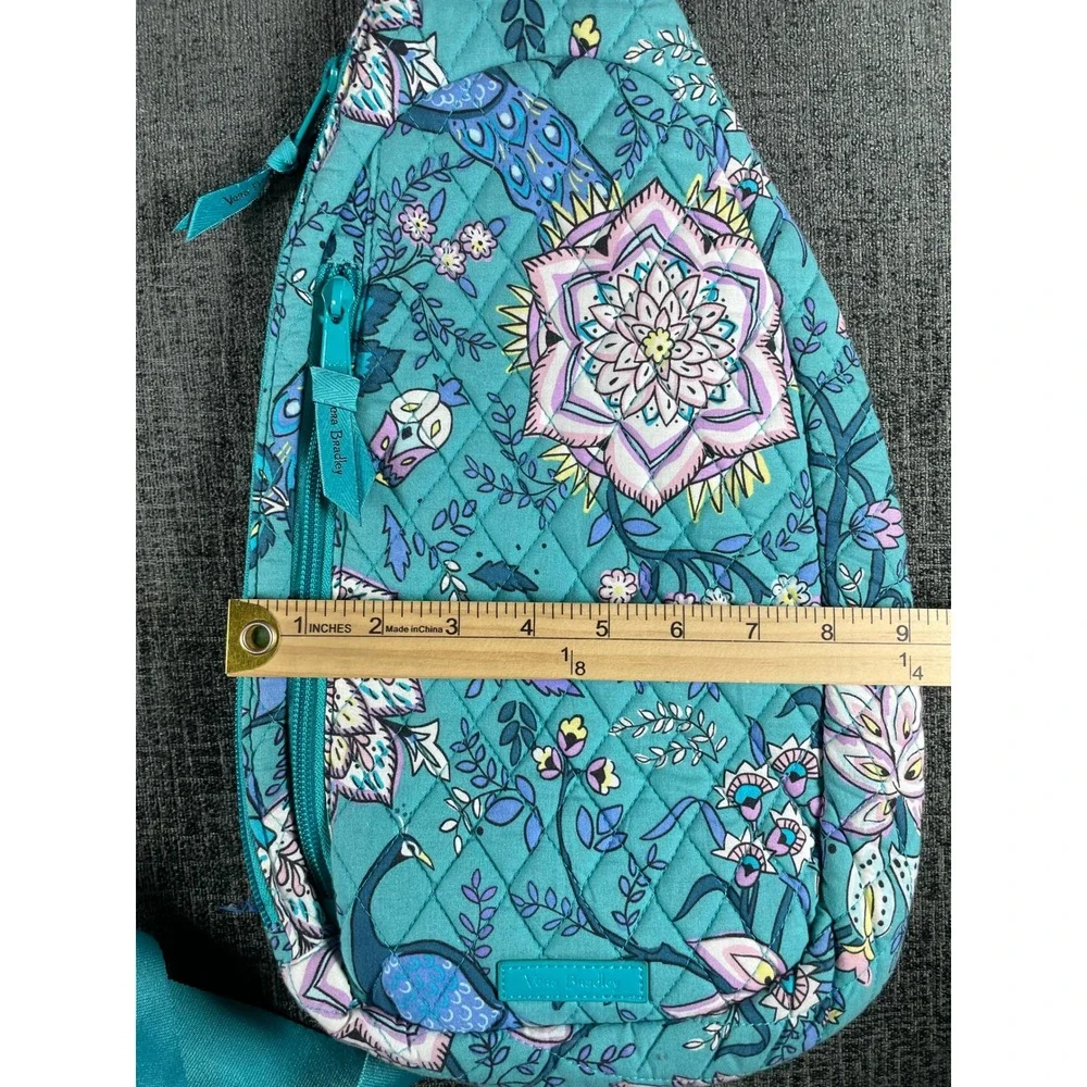 Vera Bradley Teal Peacock Floral Quilted Cotton Sling Backpack Crossbody Bag